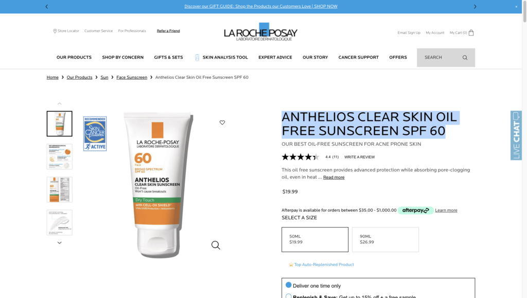 best sunscreens for oily skin - La Roche-Posay Anthelios Clear Skin Dry Touch Sunscreen SPF 60